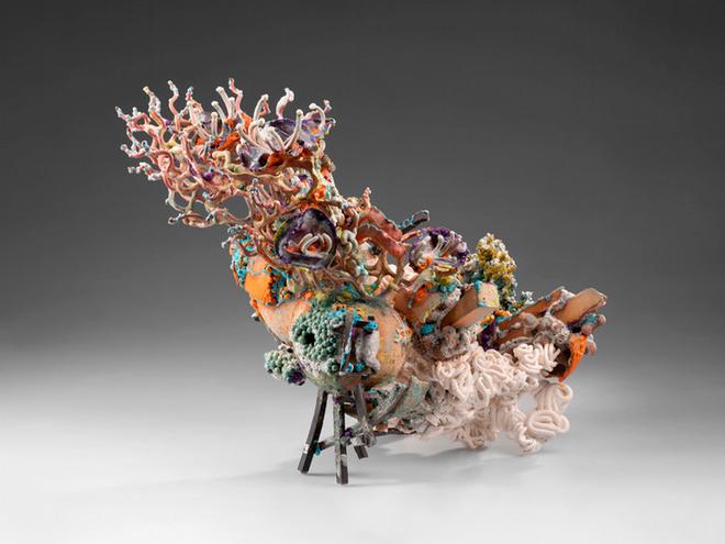 Sculptural ceramic collage depicting coral, fungus, nest, architecture, organism, environment, ecosystem